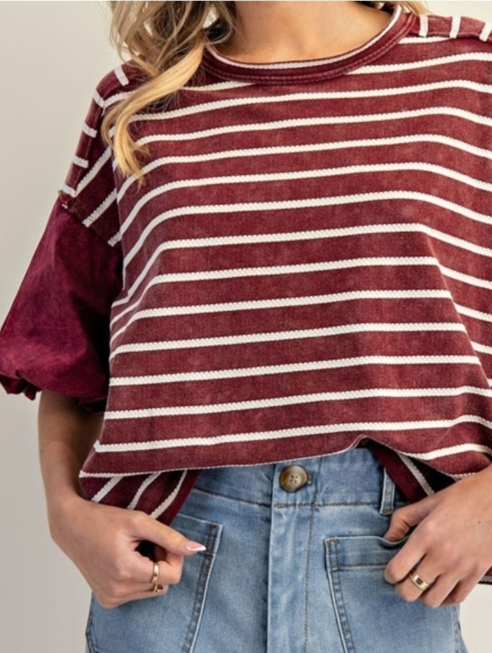 Striped Puff-Sleeve Top in Burgundy Dopamine Bohomian Twee